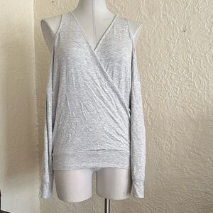 Express Pale Heather Gray Fleece Lined Surplice Neck Cold Shoulder Sweatshirt S